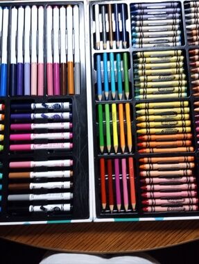 Wooden Box Art Set with Crayons and Colored Pencils Markers